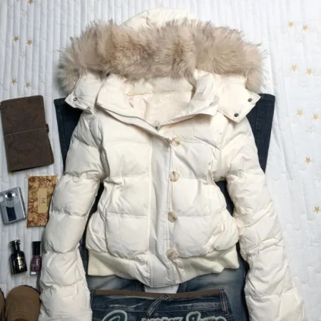 White puffer jacket with fur hood