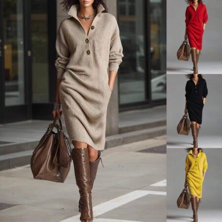 Cozy Button-Front Sweater Dress with Stand Collar